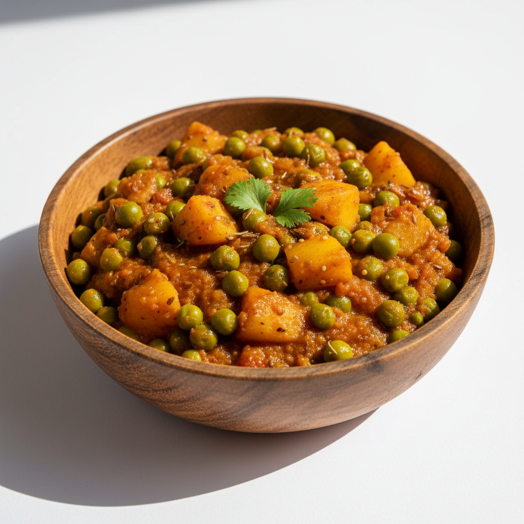 Aloo Mutter in wooden bowl. Keep the image Natural and real for ecommerce purpose. Give me white background and like in sunny environment. Give me image in full size way instead cut at sides and give me Premium Image for shopify Ecommerce Webshop. Please give real Image with high resolution instead artificial type