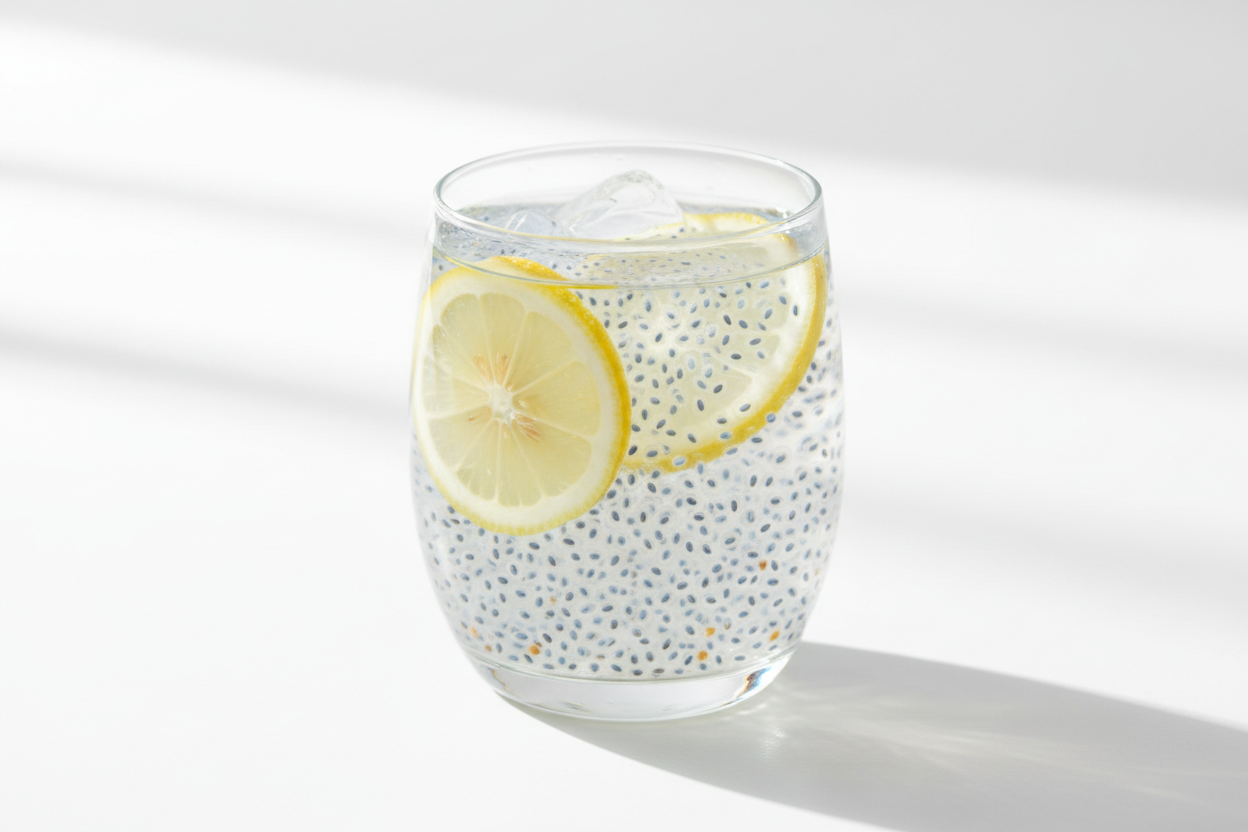 basil seeds in water with lemon in glass