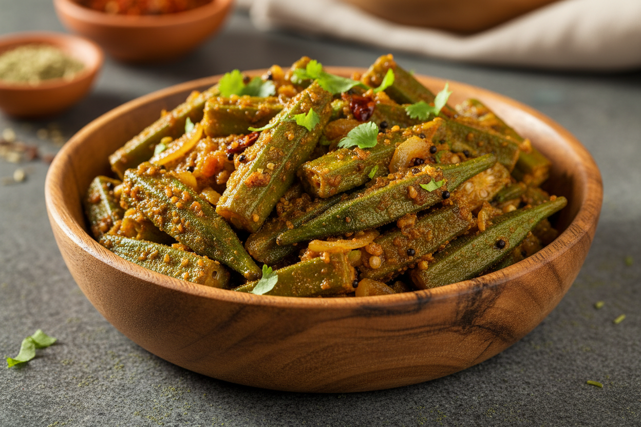 Bhindi Masala in wooden bowl dont include much tomatoes