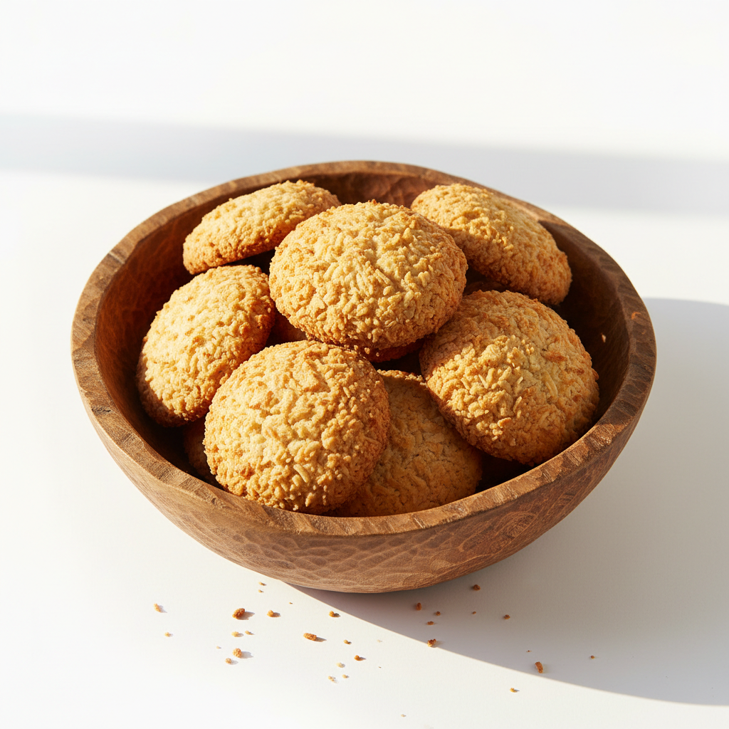 Cookie Heaven Coconut in wooden bowl. Keep the image Natural and real for ecommerce purpose. Give me white background and like in sunny environment. Give me image in full size way instead cut at sides and give me Premium Image for shopify Ecommerce Webshop. Please give real Image with high resolution instead artificial type
