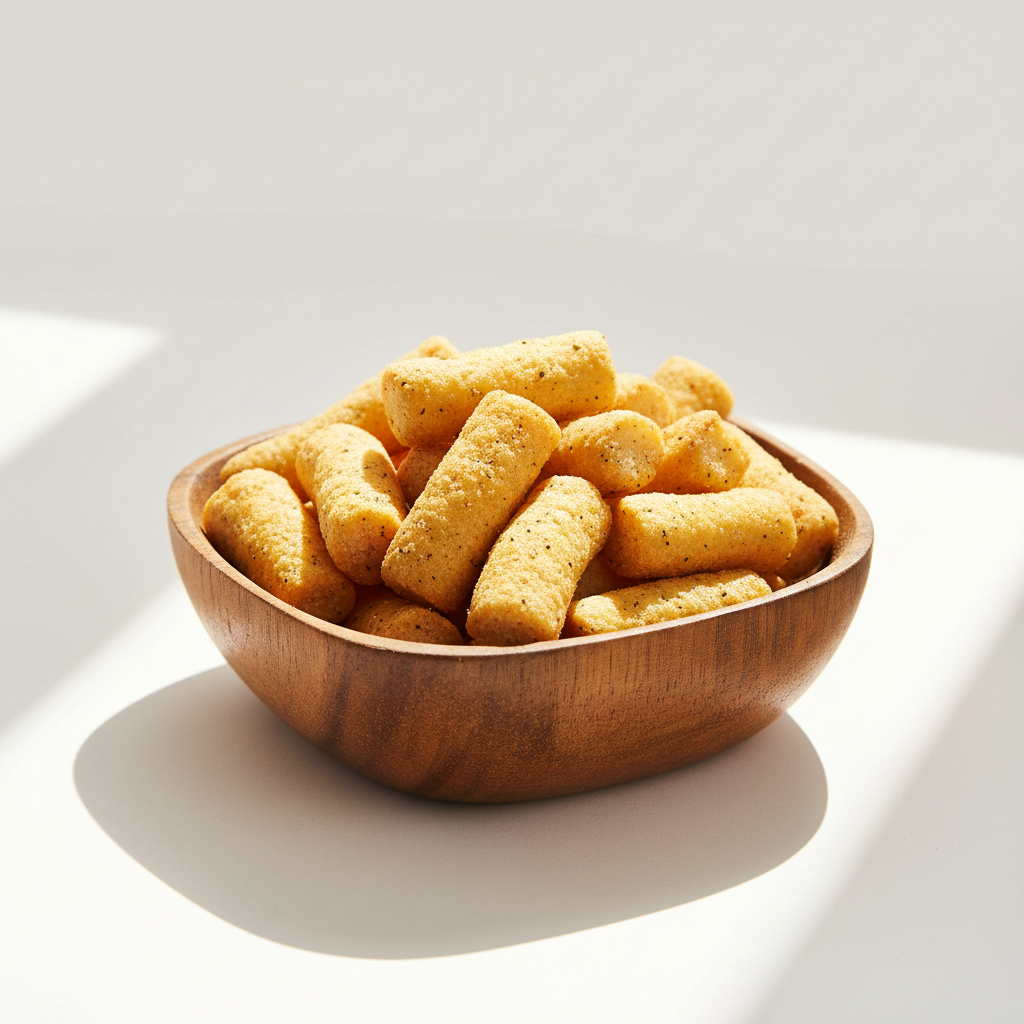 Haldirams Snack Maida Matar crunchy pieces cylinderical shape in wooden bowl. Keep the image Natural and real for ecommerce purpose. Give me white background and like in sunny environment. Give me image in full size way instead cut at sides and give me Premium Image for shopify Ecommerce Webshop. Please give real Image with high resolution instead artificial type. Try to search haldirams products online and give relevant one