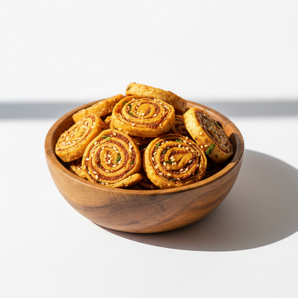 Indian Snack original Mini Bhakhar Wadi in wooden bowl. Keep the image Natural and real for ecommerce purpose. Give me white background and like in sunny environment. Give me image in full size way instead cut at sides and give me Premium Image for shopify Ecommerce Webshop. Please give real Image with high resolution instead artificial type