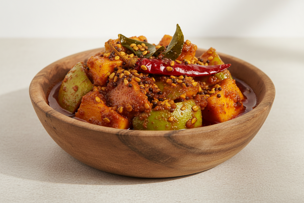 Mango Pickle in Oil thick curry gravy type with tadka, masala oil in wooden bowl. Keep the image Natural and real for ecommerce purpose.