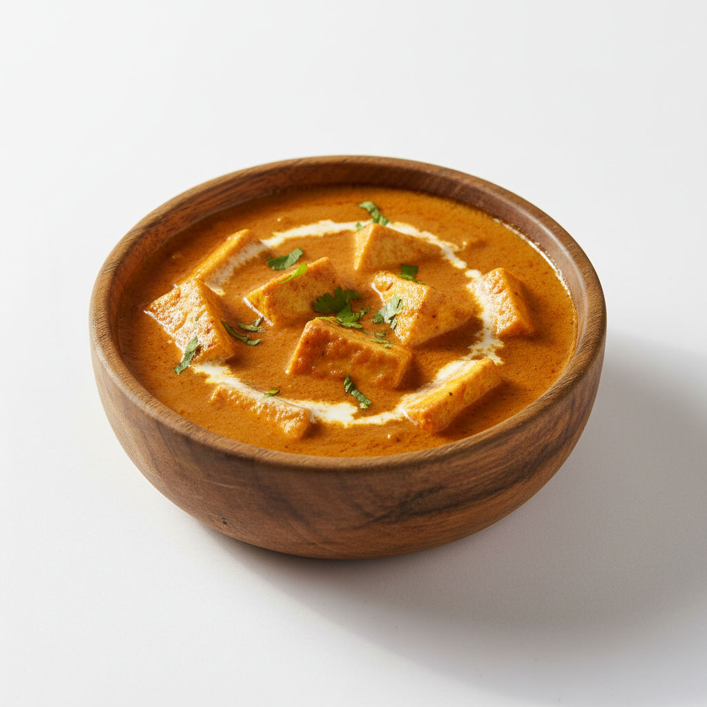 Paneer Makhani in wooden bowl. Keep the image Natural and real for ecommerce purpose. Give me white background and like in sunny environment. Give me image in full size way instead cut at sides