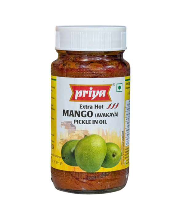 Buy Priya Mango Avakaya Pickle EXTRA HOT online at WorldFoodHub – Authentic South Indian spicy mango pickle for an extra fiery kick.