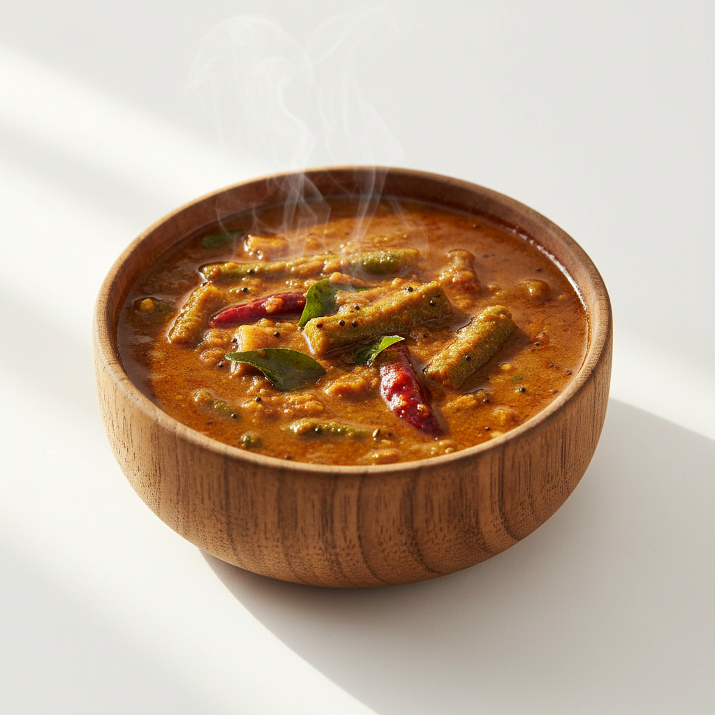 Sambar Mix gravy curry in wooden bowl. Keep the image Natural and real for ecommerce purpose. Give me white background and like in sunny environment. Give me image in full size way instead cut at sides and give me Premium Image for shopify Ecommerce Webshop. Please give real Image with high resolution instead artificial type