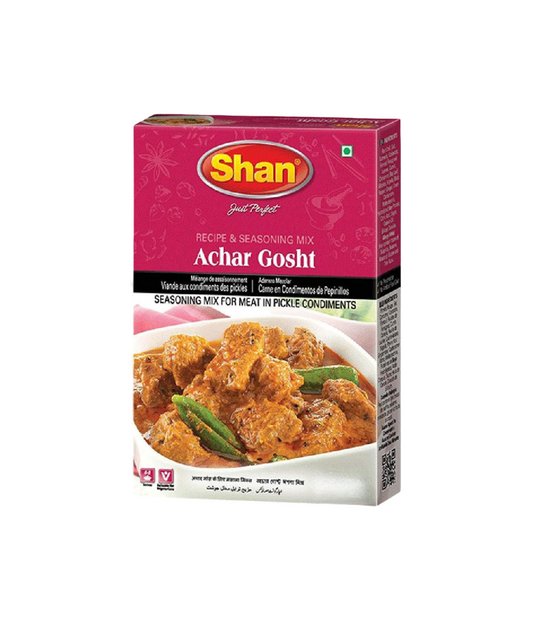Shan Achar Gosht Masala available at Worldfoodhub – Premium spice mix for authentic Pakistani Achar Gosht and curries.