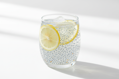 basil seeds in water with lemon in glass