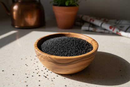basil seeds in wooden bowl