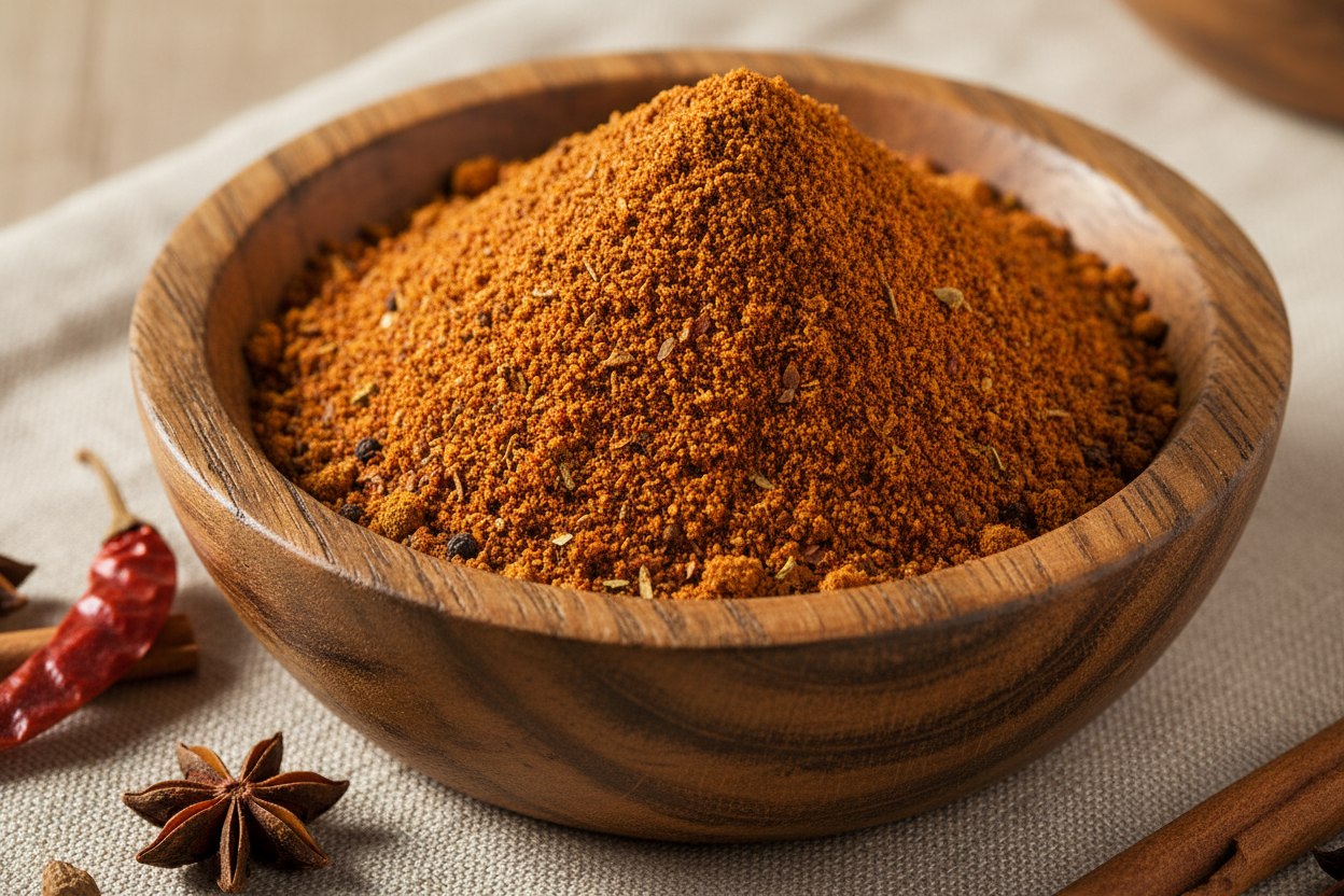 Chicken Masala powder in wooden bowl