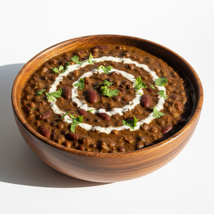Dal Makhani Vegan in wooden bowl. Keep the image Natural and real for ecommerce purpose. Give me white background and like in sunny environment. Give me image in full size way instead cut at sides
