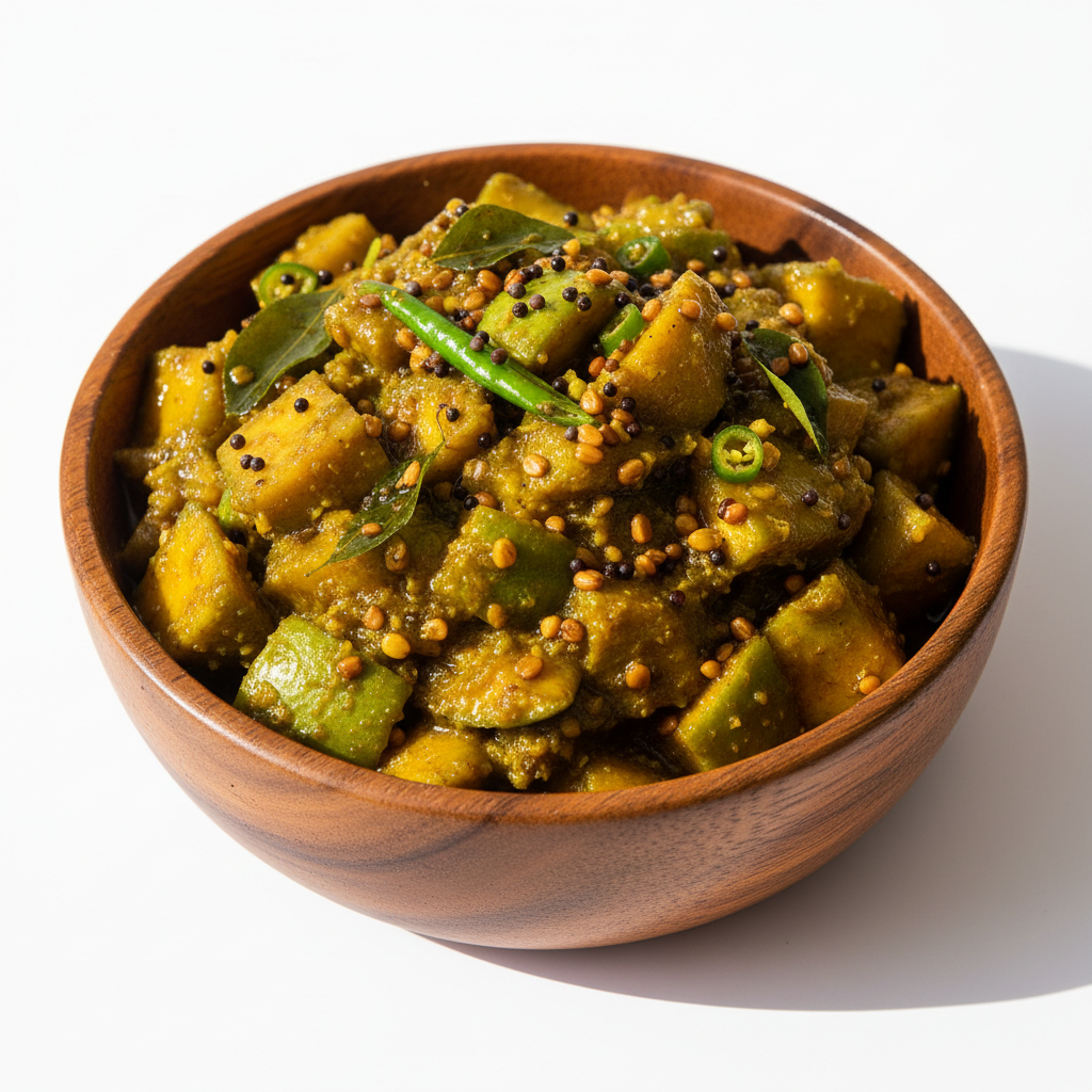 green mall pieces Indian Mango Pickle Hot thick gravy type with tadka, in wooden bowl. Keep the image Natural and real for ecommerce purpose. Give me white background and like in sunny environment. Give me image in full size way instead cut at sides
