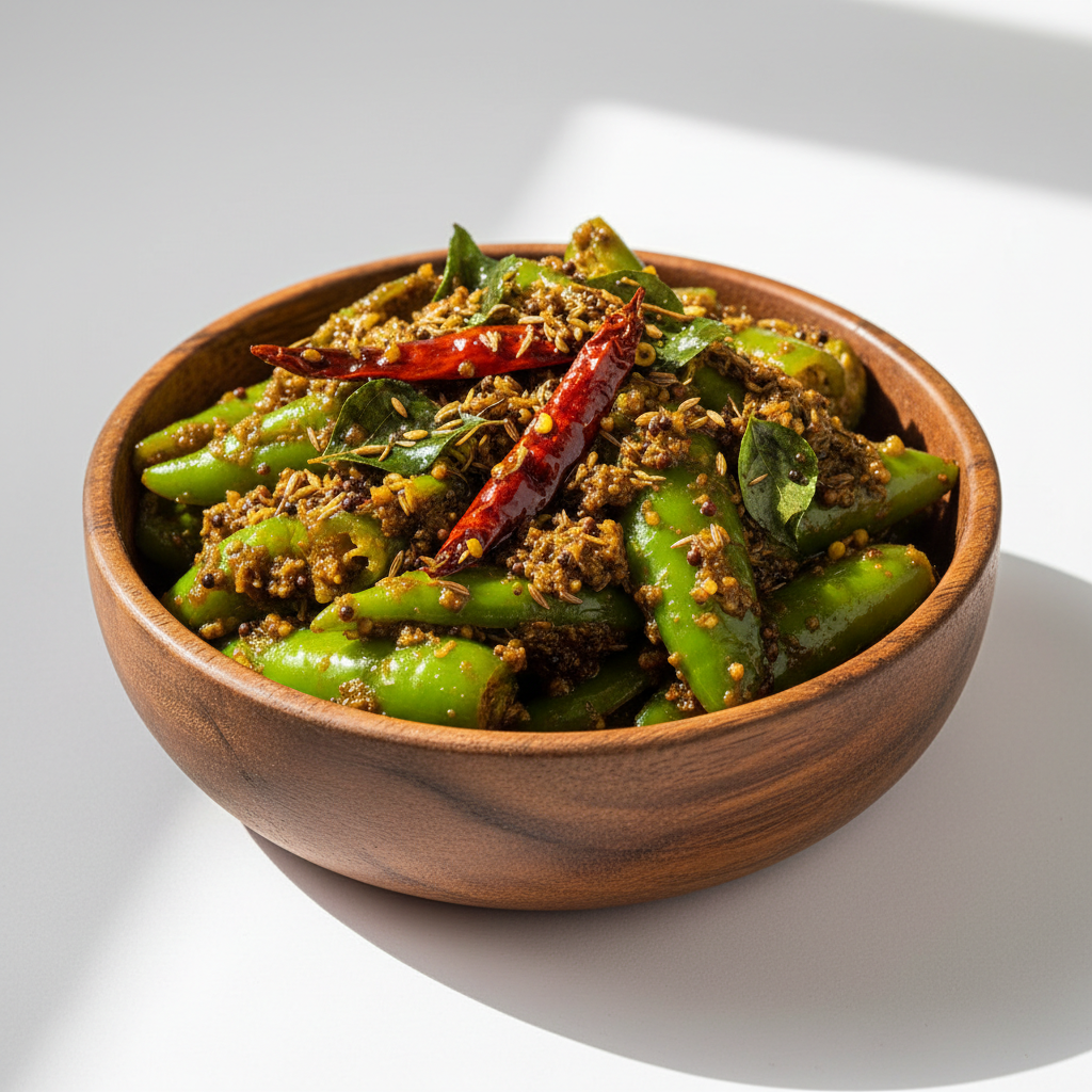 Indian Green Chilli pieces Pickle thick gravy type with tadka, in wooden bowl. Keep the image Natural and real for ecommerce purpose. Give me white background and like in sunny environment 
