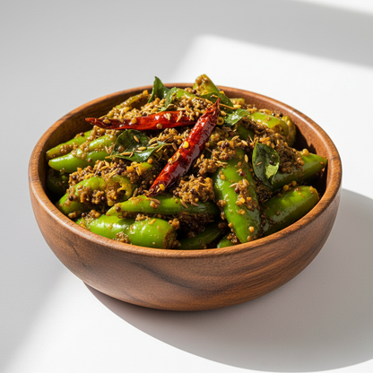 Indian Green Chilli pieces Pickle thick gravy type with tadka, in wooden bowl. Keep the image Natural and real for ecommerce purpose. Give me white background and like in sunny environment 

