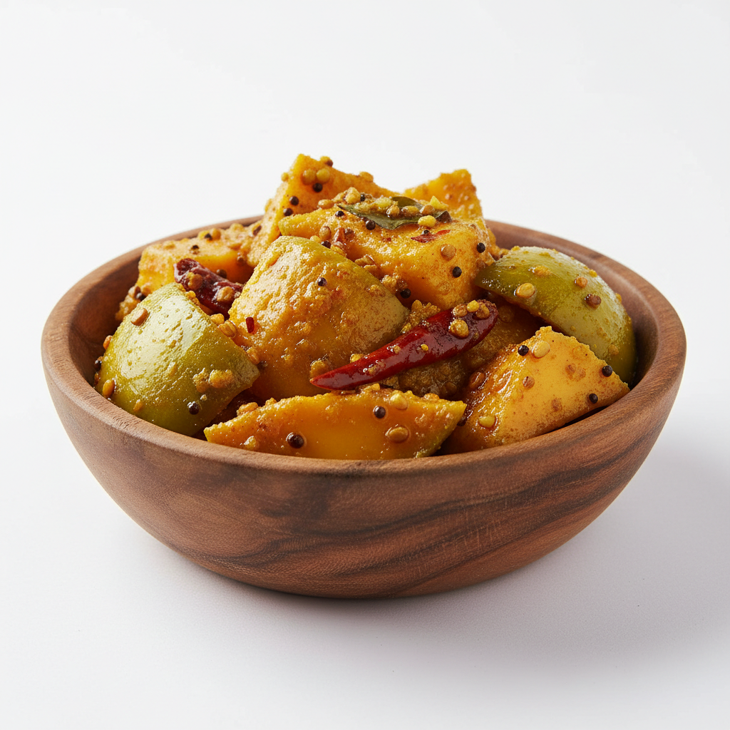 Indian Mango Achar in Oil with some paste curry type in wooden bowl. Keep the image Natural and real for ecommerce purpose.