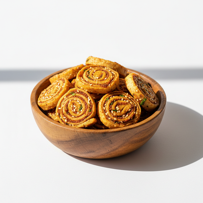 Indian Snack original Mini Bhakhar Wadi in wooden bowl. Keep the image Natural and real for ecommerce purpose. Give me white background and like in sunny environment. Give me image in full size way instead cut at sides and give me Premium Image for shopify Ecommerce Webshop. Please give real Image with high resolution instead artificial type 
