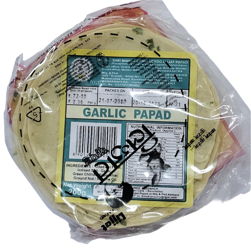 Lijjat Garlic Papad 200g crispy Indian snack available at Worldfoodhub
