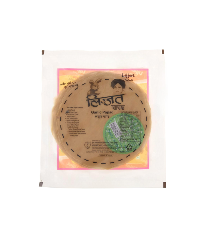 Lijjat Garlic Papad 200g crispy Indian snack available at Worldfoodhub