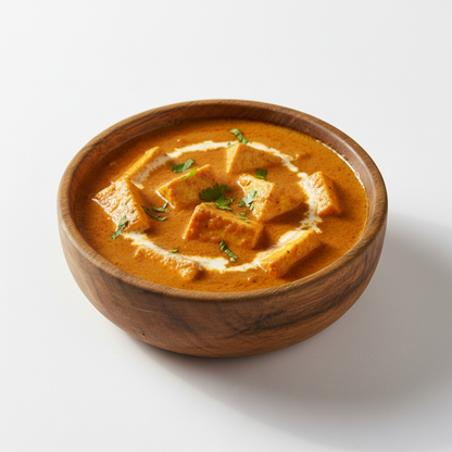  Paneer Makhani in wooden bowl. Keep the image Natural and real for ecommerce purpose. Give me white background and like in sunny environment. Give me image in full size way instead cut at sides
