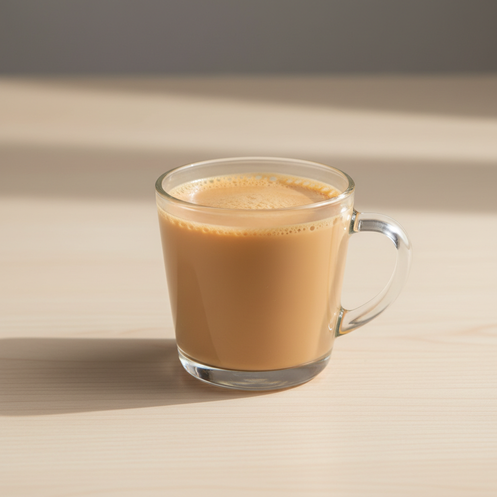 Premium plain Indian Chai in a glass cup on table only and no spices. Keep the image Natural and real for ecommerce purpose