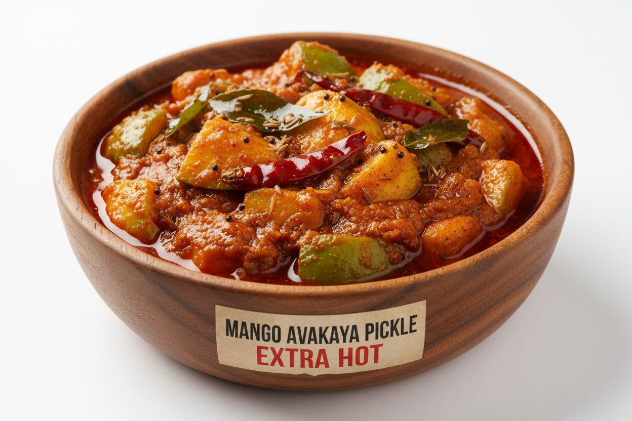 Buy Priya Mango Avakaya Pickle EXTRA HOT online at WorldFoodHub – Authentic South Indian spicy mango pickle for an extra fiery kick.

