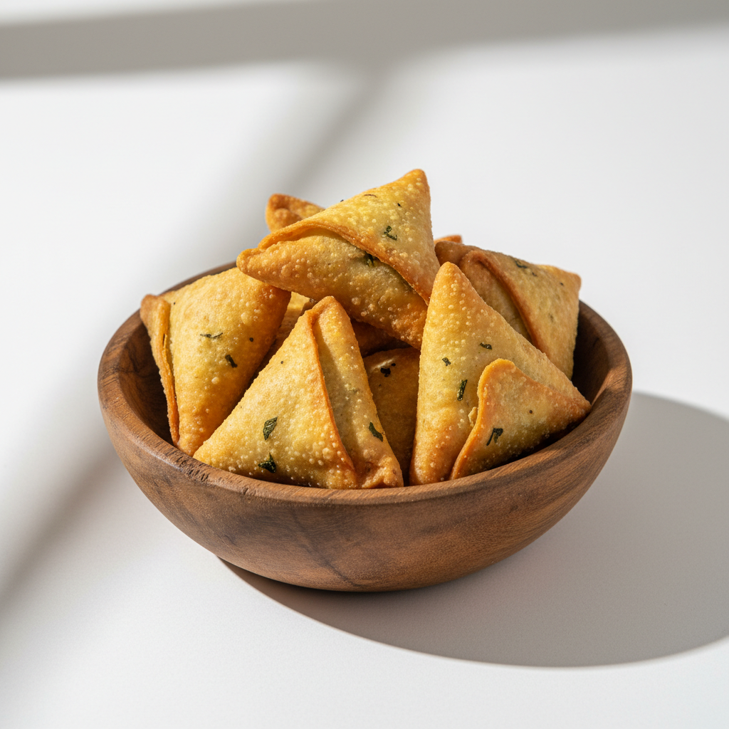 Samosa Shaped Methi Puri  in wooden bowl. Keep the image Natural and real for ecommerce purpose. Give me white background and like in sunny environment. Give me image in full size way instead cut at sides and give me Premium Image for shopify Ecommerce Webshop. Please give real Image with high resolution instead artificial type 
