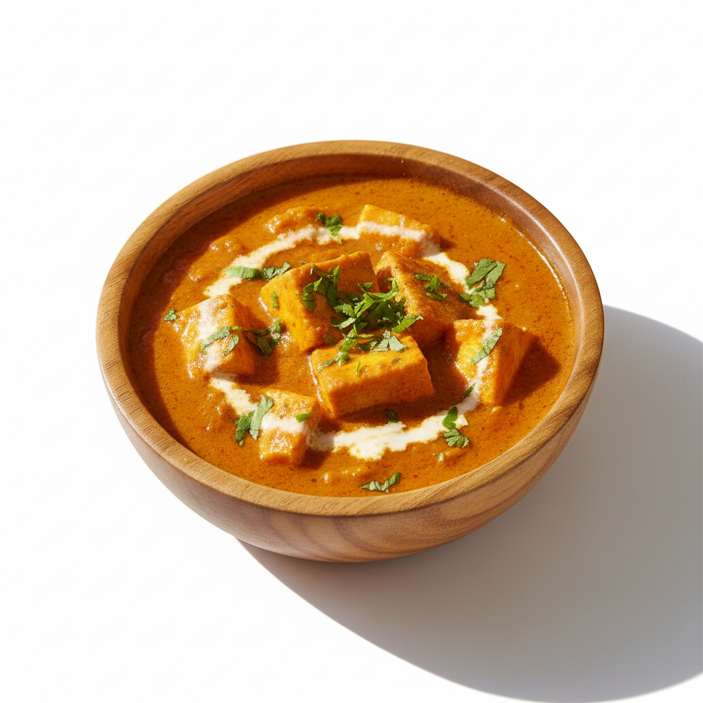 Shahi Paneer Spiced Gravy in wooden bowl. Keep the image Natural and real for ecommerce purpose. Give me white background and like in sunny environment. Give me image in full size way instead cut at sides and give me Premium Image for shopify Ecommerce Webshop. Please give real Image with high resolution instead artificial type 