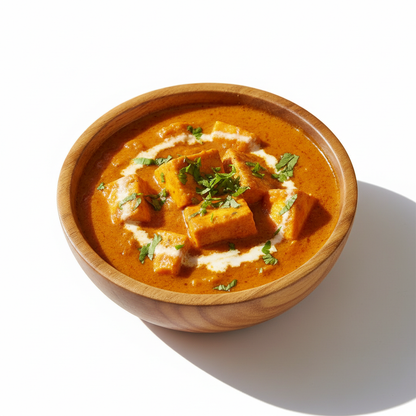 Shahi Paneer Spiced Gravy in wooden bowl. Keep the image Natural and real for ecommerce purpose. Give me white background and like in sunny environment. Give me image in full size way instead cut at sides and give me Premium Image for shopify Ecommerce Webshop. Please give real Image with high resolution instead artificial type 