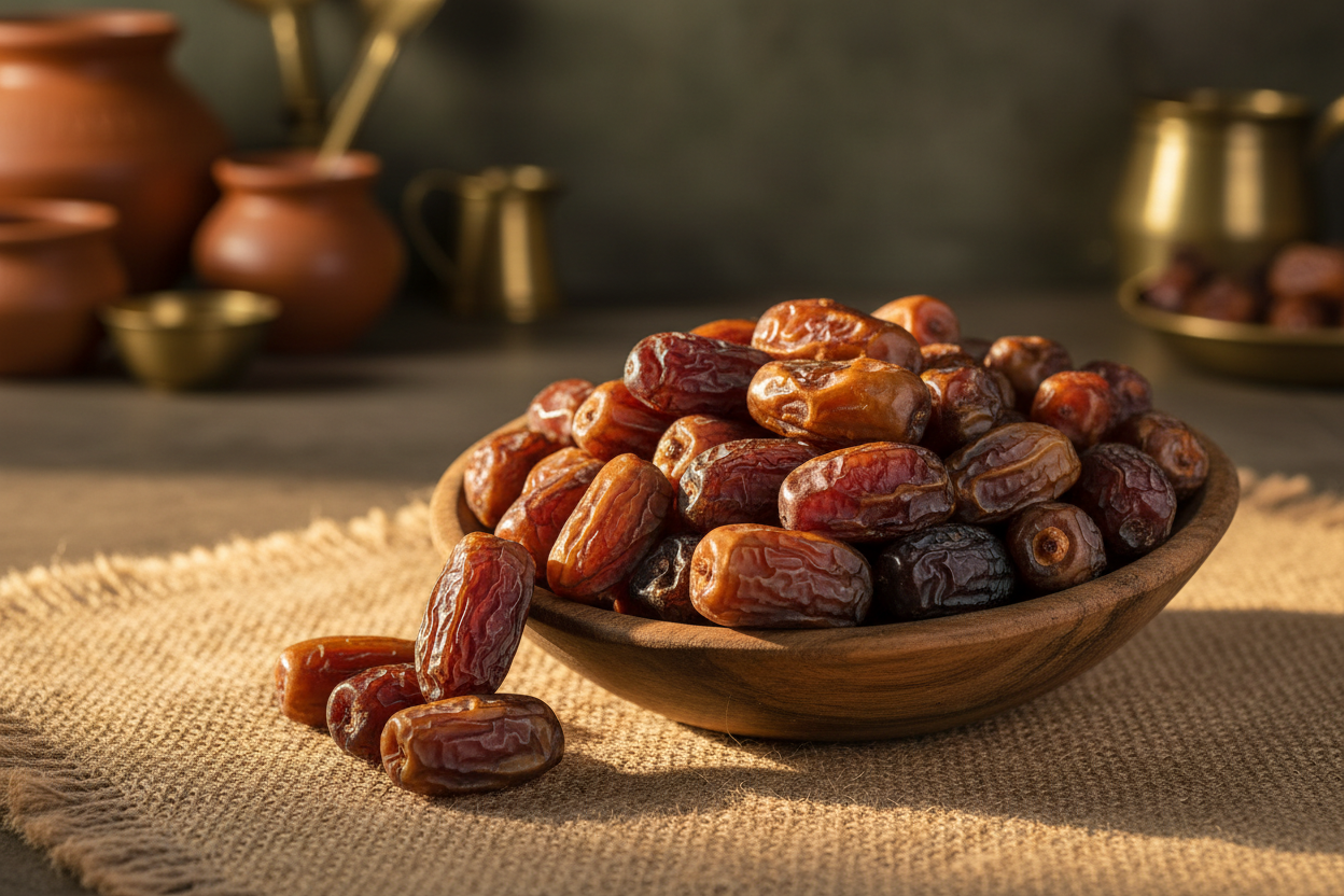 Indian Dried Dates in wooden bowl 