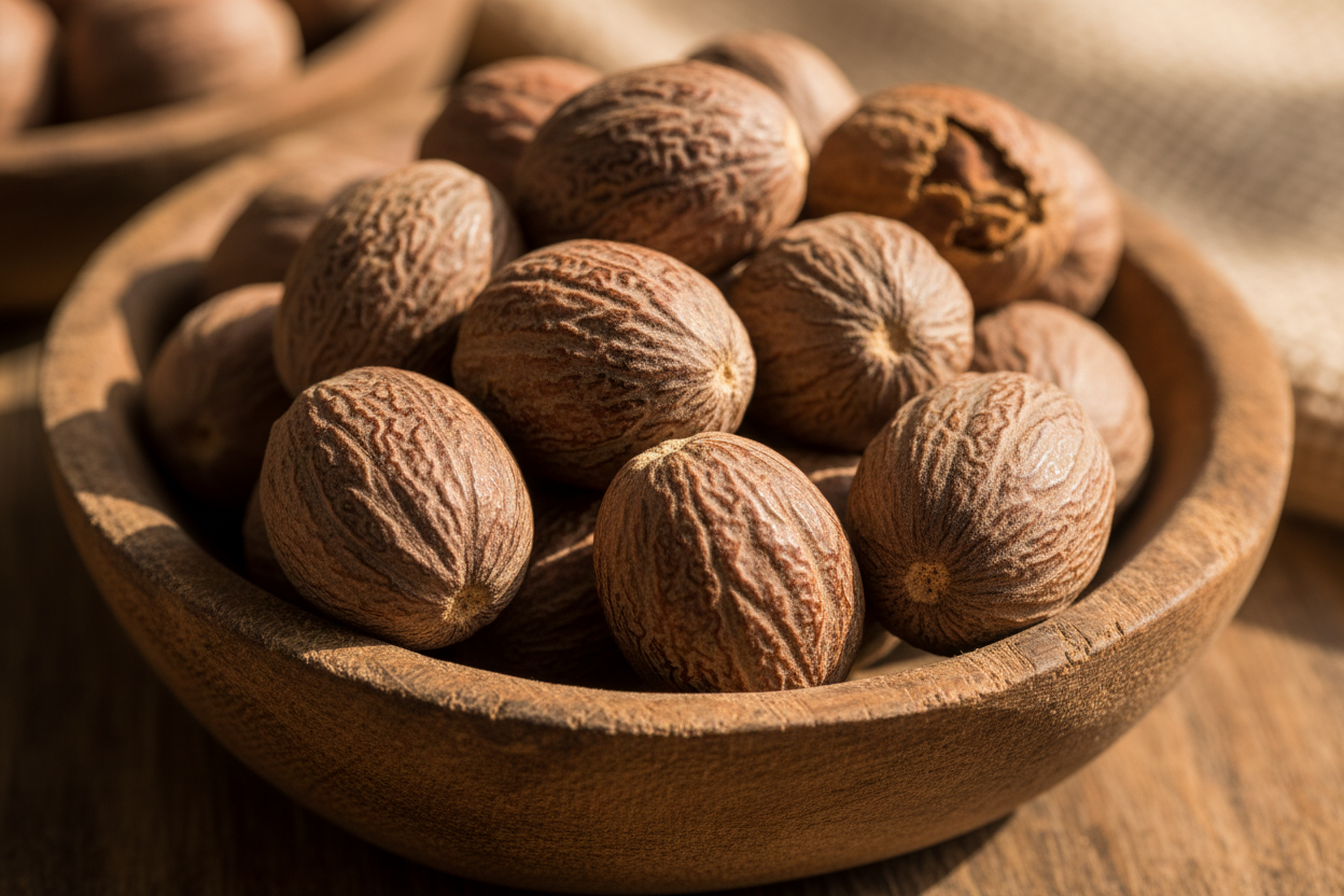 TRS Jaifal Nutmeg 100g – Aromatic spice available at WorldFoodHub, ideal for sweet and savory dishes.